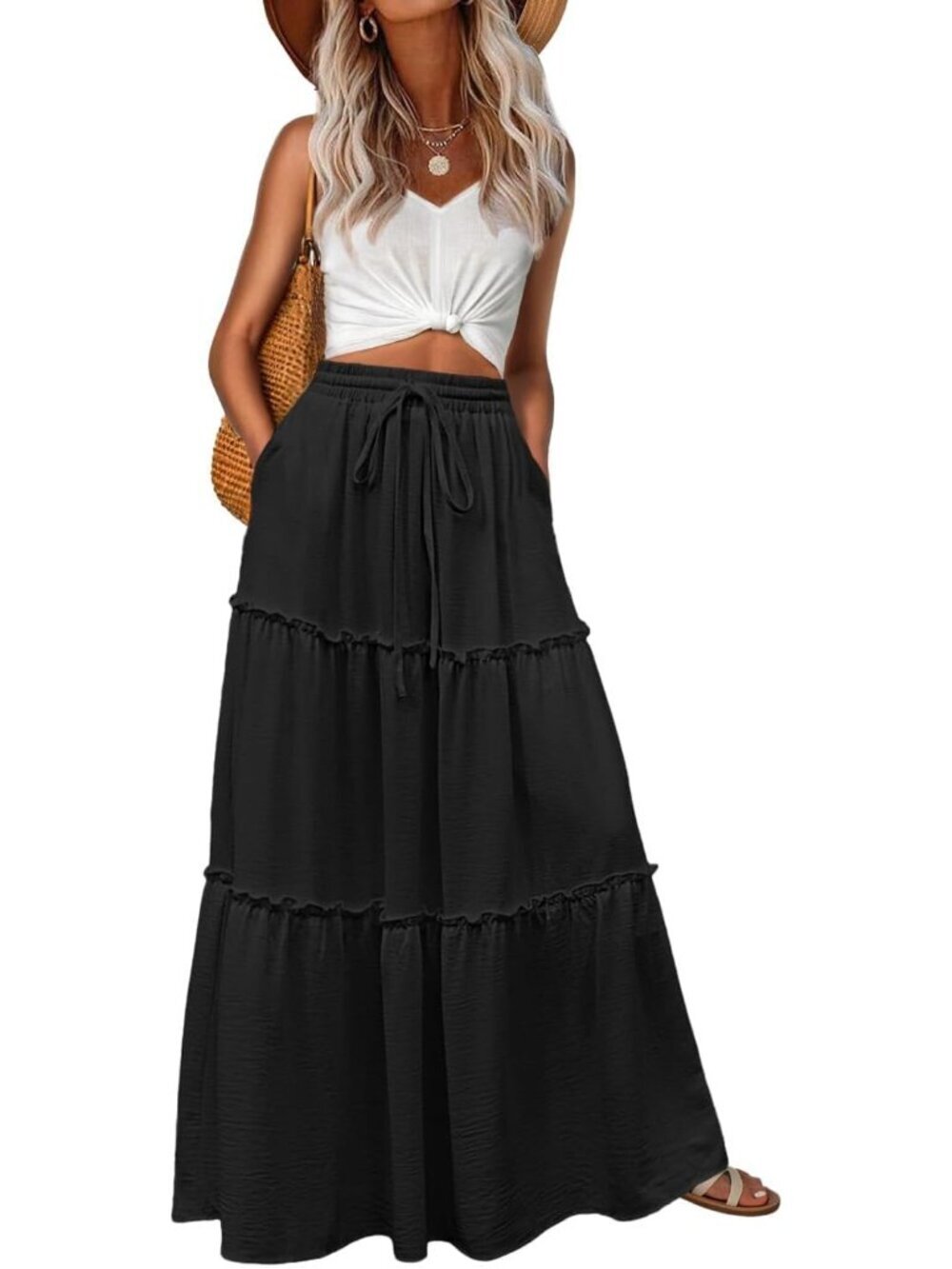 Women's Boho High Waisted Black Maxi Skirts Tiered Floral Long Skirts Pockets